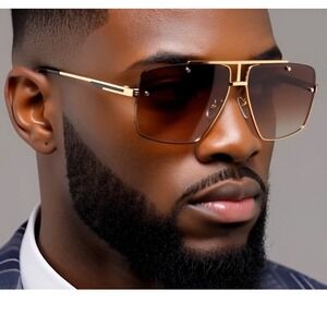 Men's Oversized Square Rimless Sunglasses Gold Double Bridge Gradient Brown Lens